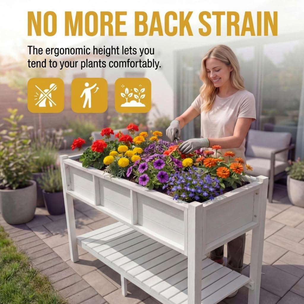 DWVO 48x18x30in Raised Garden Bed HDPE, Poly Wood Planter Box Stand,Weather-Resistant Planter Box with Legs & Storage Shelf, Elevated Garden Bed for Backyard, Patio, Balcony, White