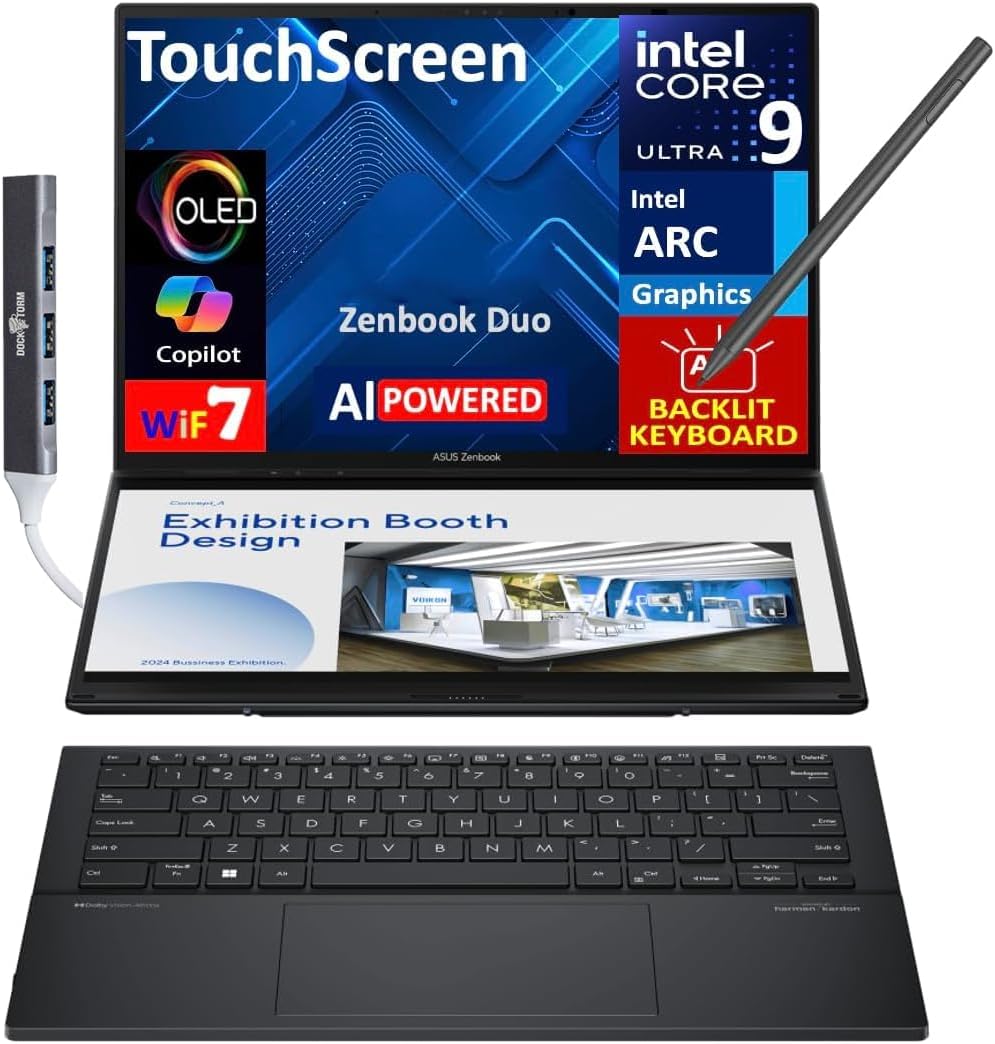 ASUS Zenbook Duo ux8406 AI Powered 2-in-1 Laptop 14.0' Touchscreen OLED 3K 120Hz Display (Intel Ultra 9-285H, 32GB LPDDR5X, 2TB PCIe SSD, Active Pen, Backlit KB, Win 11 Home) w/DKZ USB Port Expander