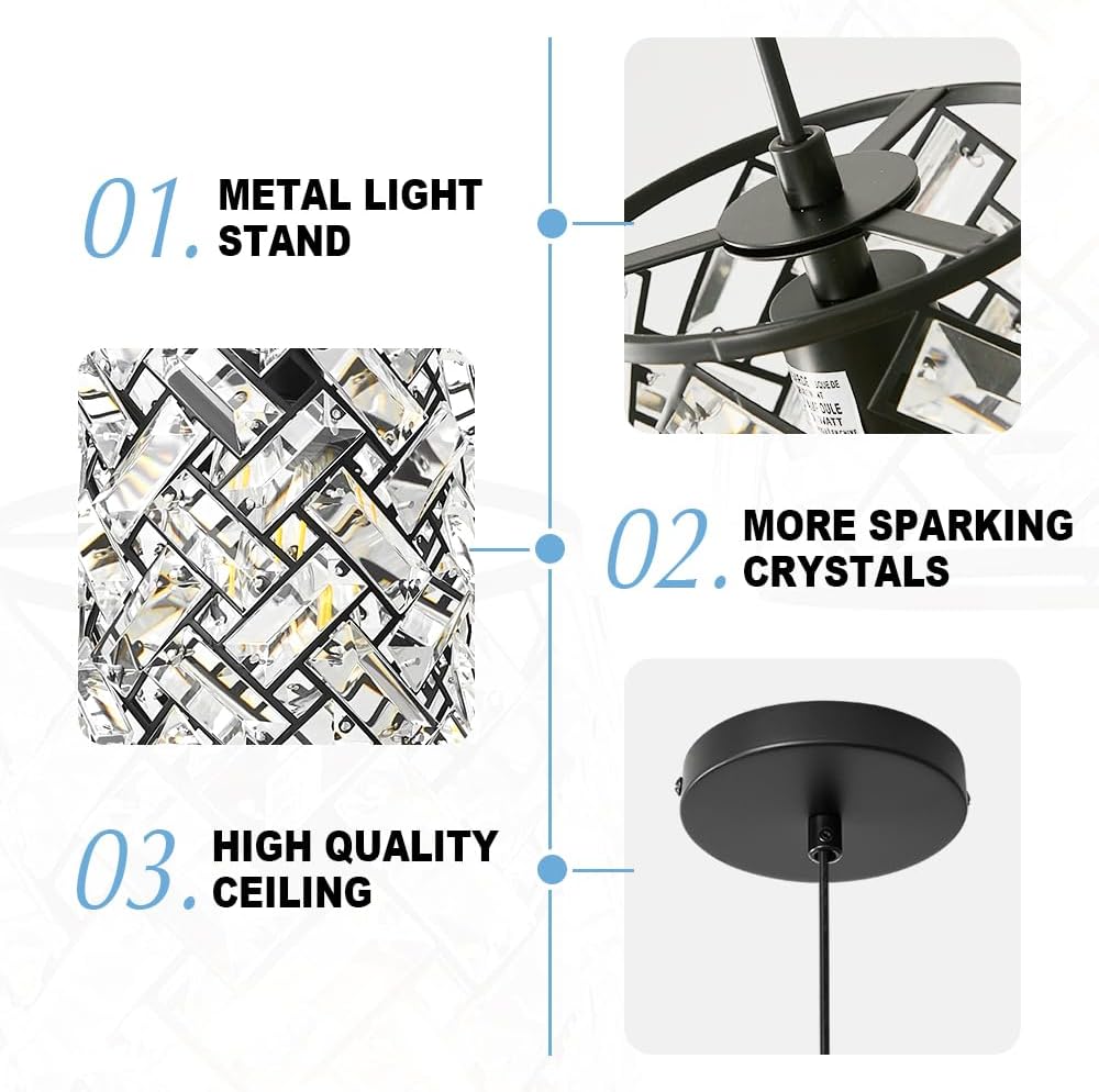 Black Pendant Lights Kitchen Island, Mini Crystal Modern Kitchen Pendant Lighting Over Sink with 10.2' Clear Glass Shade Chandeliers, Adjustable Pendant Light Fixture for Dinning Room Bedroom Entryway