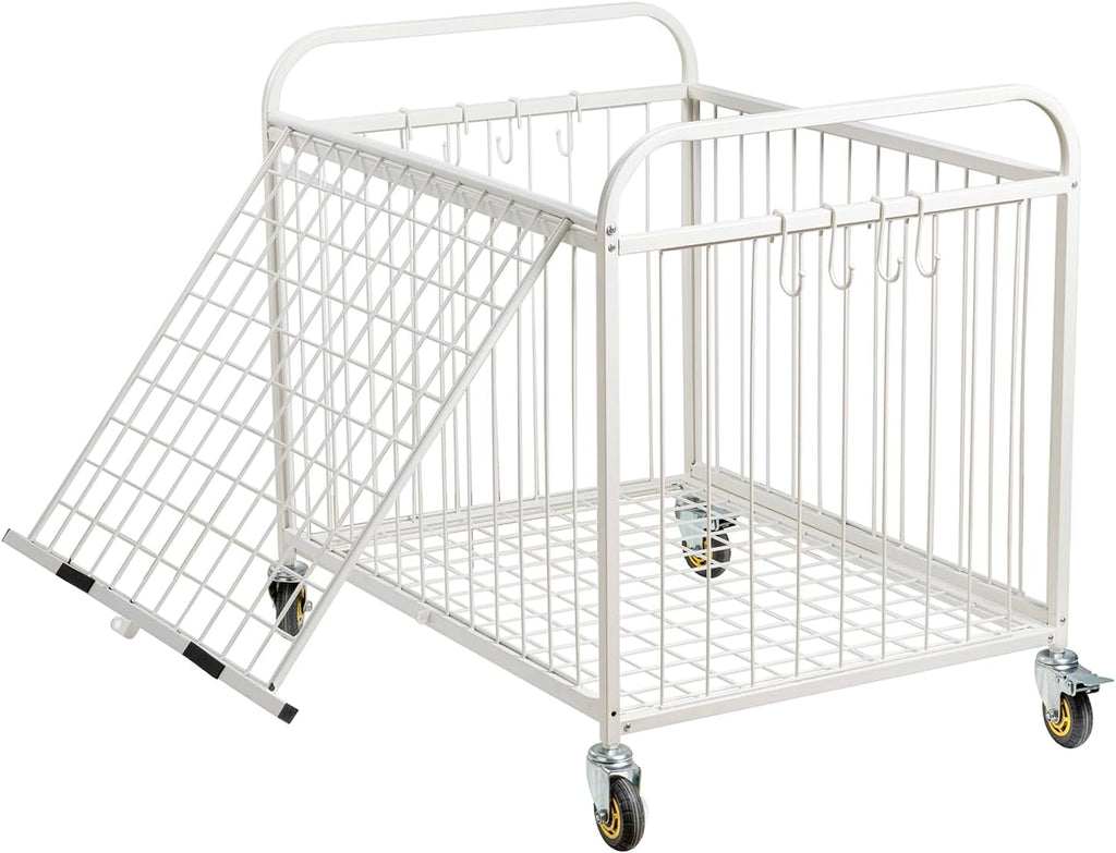 MyGift Large Capacity Metal Rolling Multi Sports Ball Cage Storage Hopper, Gym Equipment Basket Cart with Lockable Latch, Heavy Duty Caster Wheels, and 8 Accessory Hooks