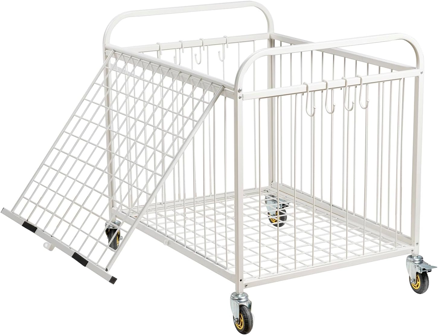 MyGift Large Capacity Metal Rolling Multi Sports Ball Cage Storage Hopper, Gym Equipment Basket Cart with Lockable Latch, Heavy Duty Caster Wheels, and 8 Accessory Hooks
