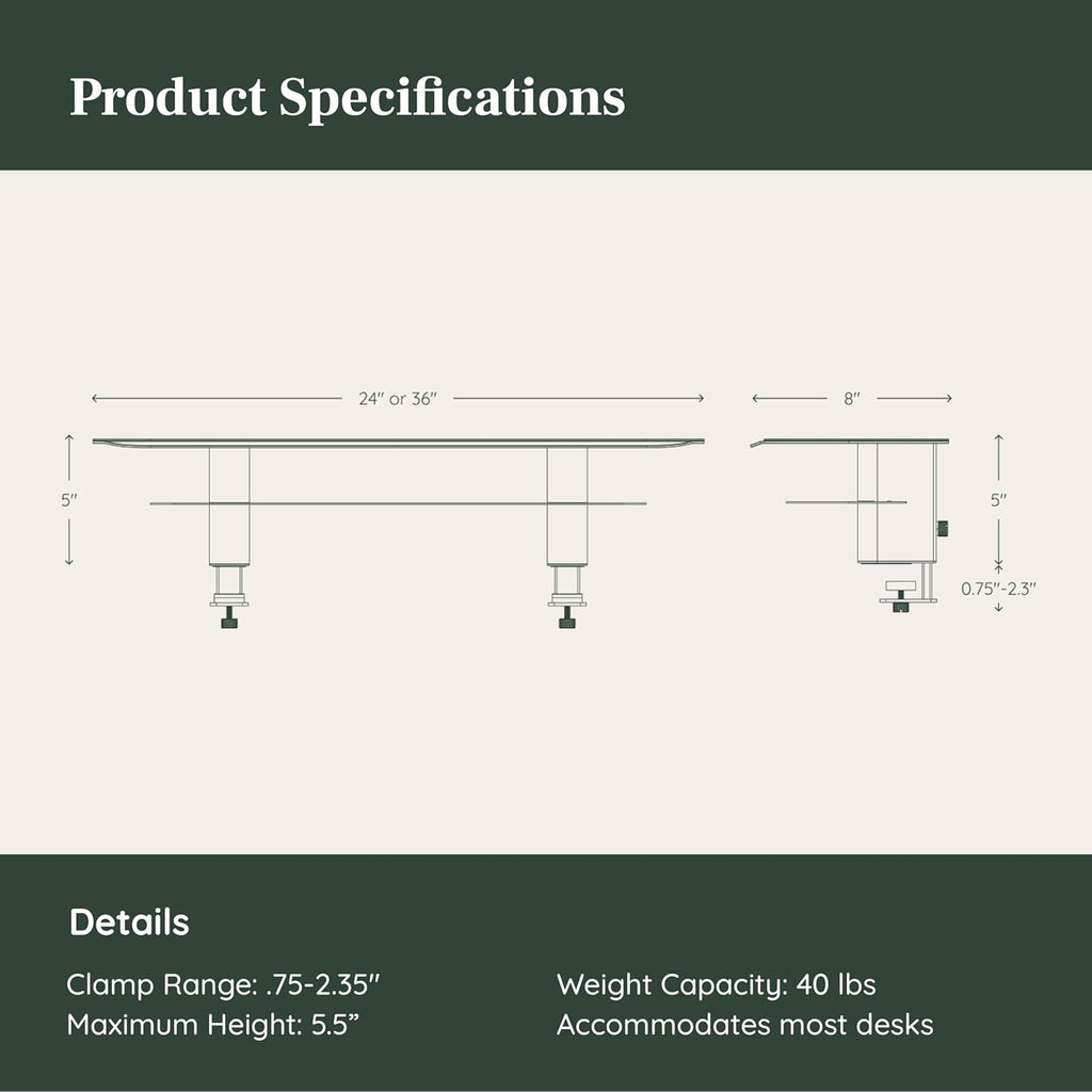 Branch Monitor Stand - Elegant, Durable Powder-Coated Steel Stand with Soft Felt Liner - Small Monitor Riser Second Tier Storage - Installs with a Universal Clamp for Ergonomic Workspace - Charcoal