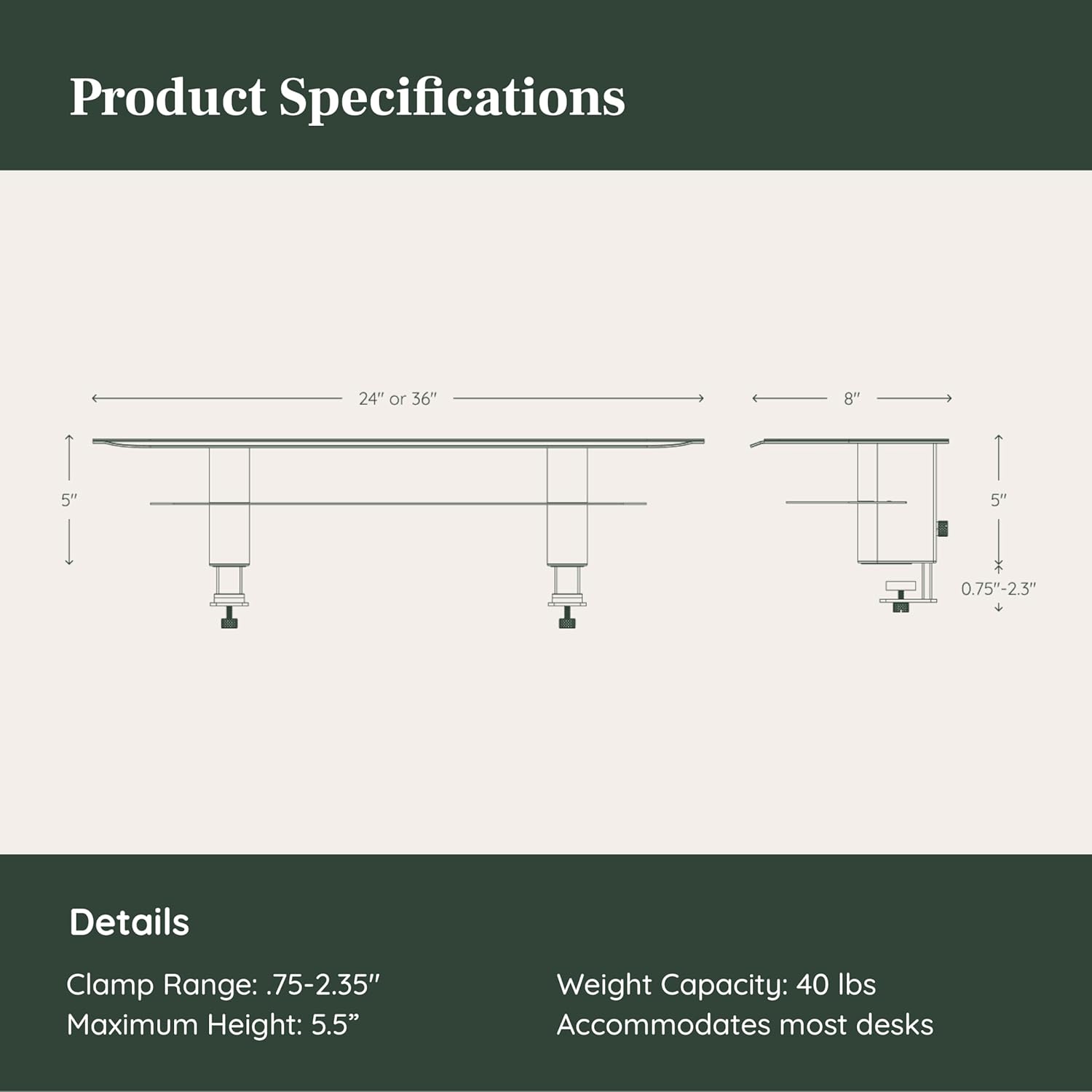 Branch Monitor Stand - Elegant, Durable Powder-Coated Steel Stand with Soft Felt Liner - Small Monitor Riser Second Tier Storage - Installs with a Universal Clamp for Ergonomic Workspace - Charcoal