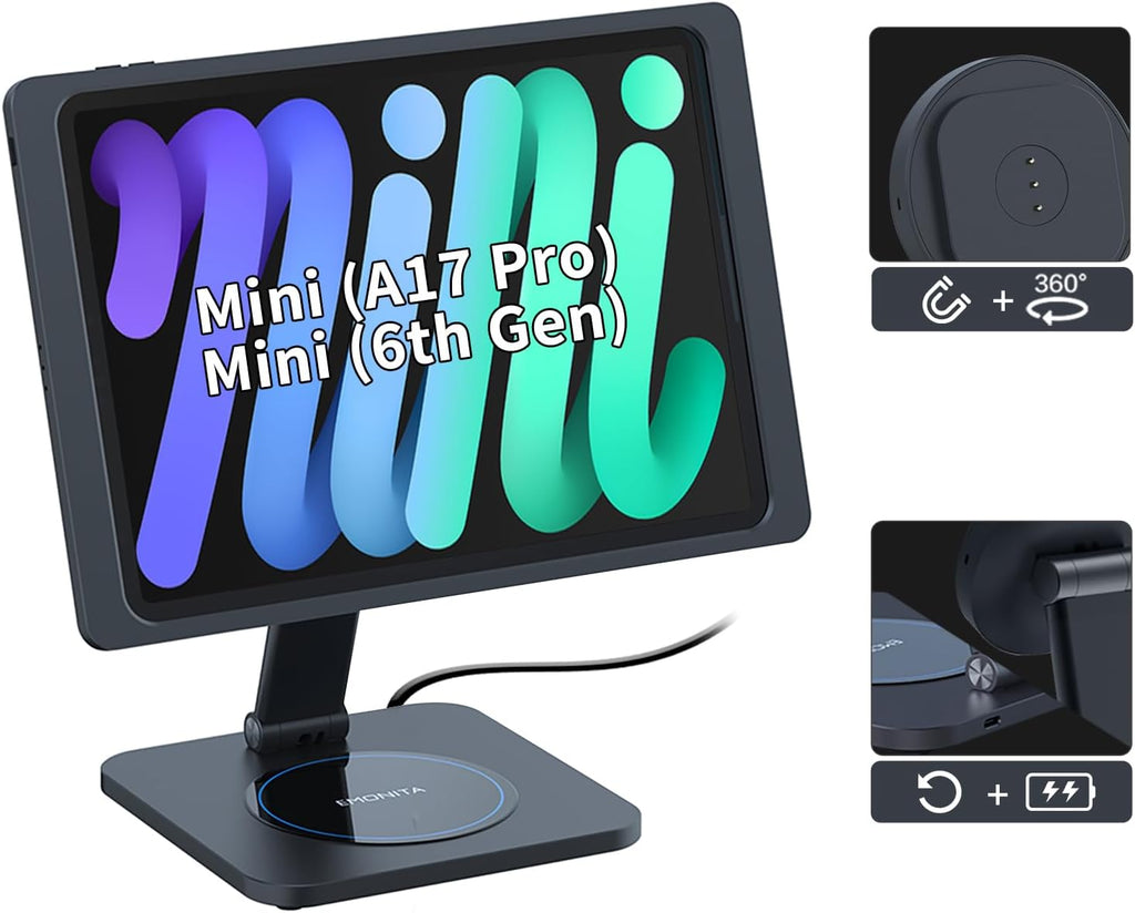 Foldable Magnetic Stand with Charging Case A6 for iPad mini (A17 Pro, A15 Bionic) 8.3-Inch. Strong Magnets, 360 Rotation, 90 Tilt, 45W Fast Charger Adapter USB C Cable Included