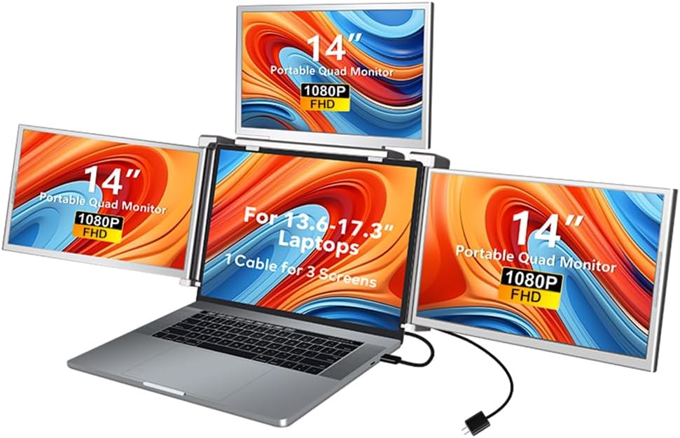 Karlak 14 inches Lap Expansion Screen 1080P FHD Portable Quad-Screen Monitor able & Rotatable Design Driver Quick Installation with 1 Cable for 3 Displays for Windows, MacOS for 13.6-17.3 inch Lap