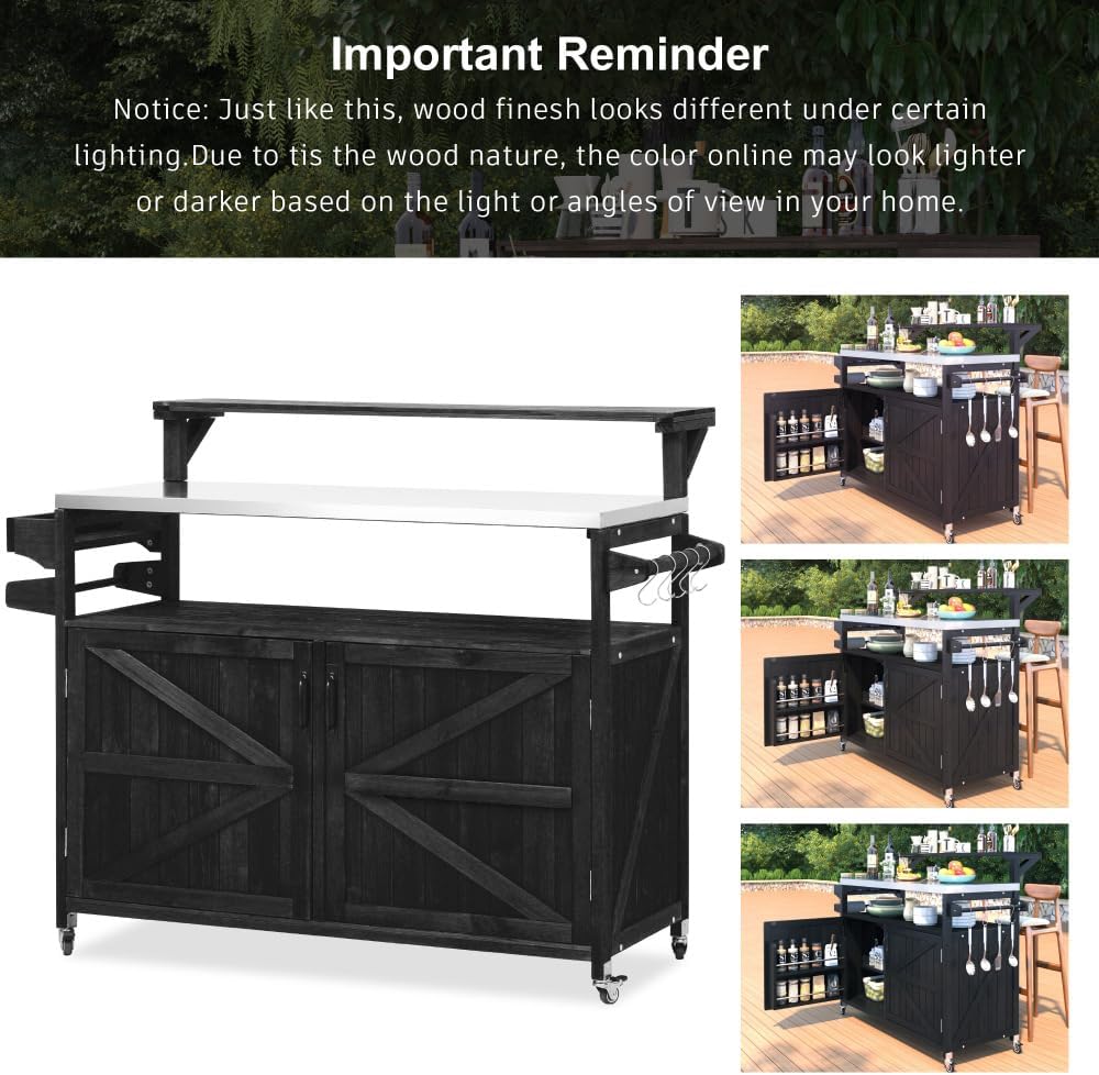 53.3' Outdoor Kitchen Island with Raised Shelf, Solid Wood Storage Cabinet with Stainless Steel Top, Outdoor Rolling Grill Cart with Internal Storage Rack, Adjustable Shelf, Spice Rack (Black)