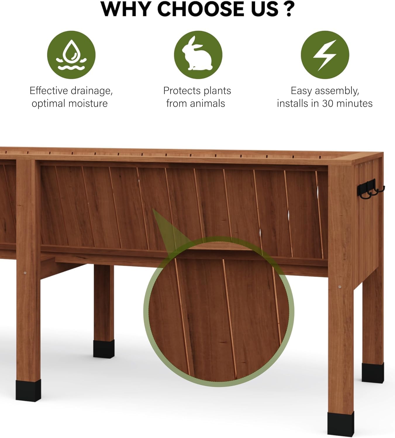 Garvee 6x2x2.5 ft Large Raised Garden Bed (72x26x30 in) - Elevated Wood Planter Box with Storage Hooks & Locking Wheels - 13.7 in Deep Outdoor Grow Box for Vegetables/Herbs w/Non-Woven Liner