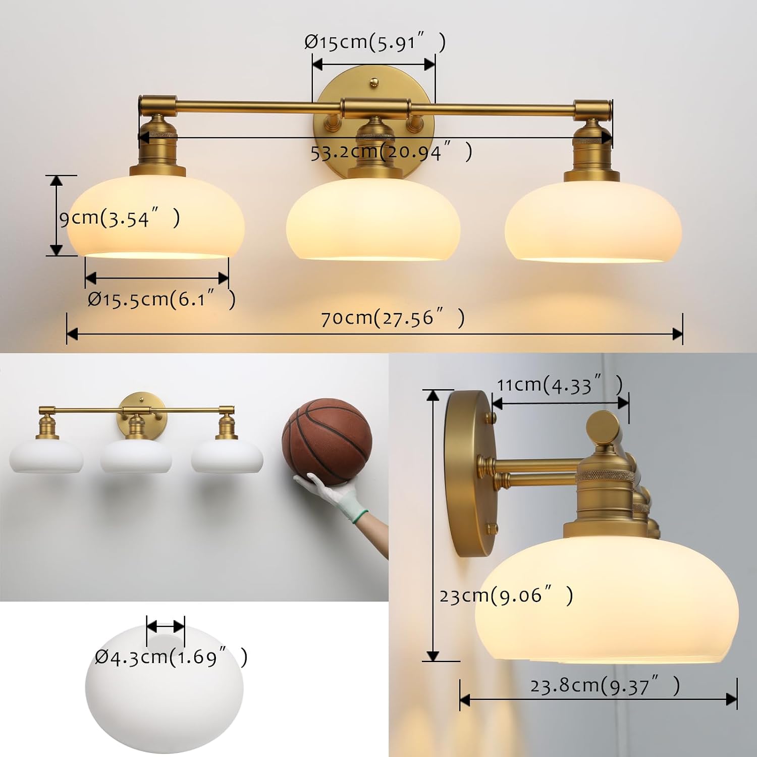 Pathson 3-Lights Milky Bathroom Wall Sconces, Hardwired Triple Head Glass Wall Vanity Light Fixtures, Vintage Wall Lamps Home Decor for Mirror Living Room, E26 Bulb Base