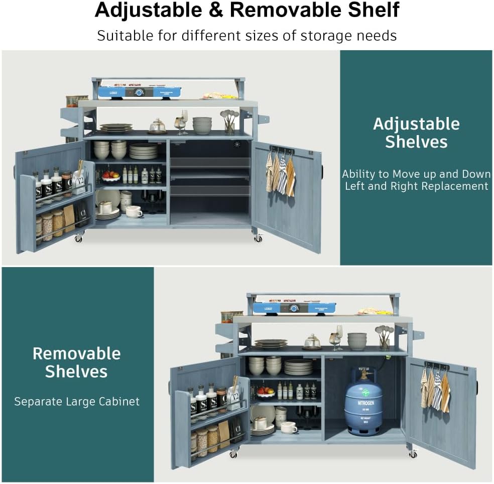 53.3' Outdoor Kitchen Island with Raised Shelf, Solid Wood Storage Cabinet with Stainless Steel Top, Outdoor Rolling Grill Cart with Internal Storage Rack, Adjustable Shelf, Spice Rack (Grey)