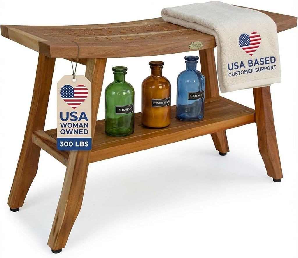 EcoDecors 34 Inch Satori Natural Teak Waterproof Teak Wood Shower Bench Stool Seat Chair For Inside Shower Provides Safety, Storage, and Organization For Bathroom Accessories
