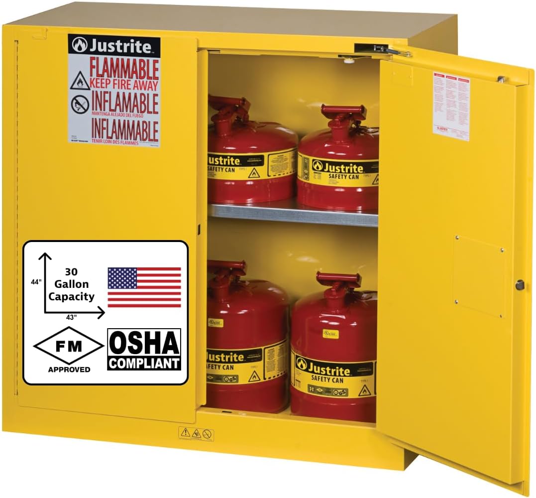 Justrite 30 Gallon Manual Close Flammable Storage Cabinet, 18 Gauge Steel, 1 Shelf, 2 Door Fire Cabinet, 44' x 43' x 18', Made in The USA, Yellow, 893000