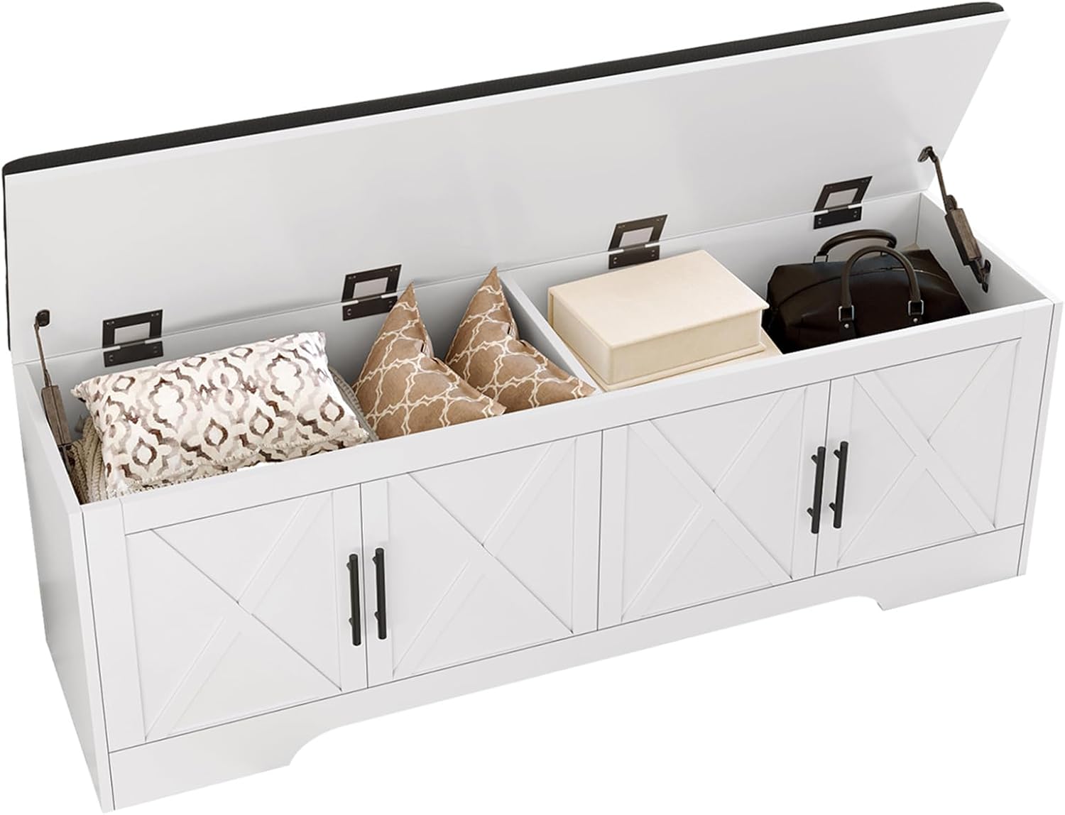DreamDashio Farmhouse Storage Bench with Lift Top Storage, 47.2' Entryway Bench with Cushioned Seat, End of Bed Bench, Wooden Storage Chest Trunks, for Entryway, Bedroom, Living Room,White