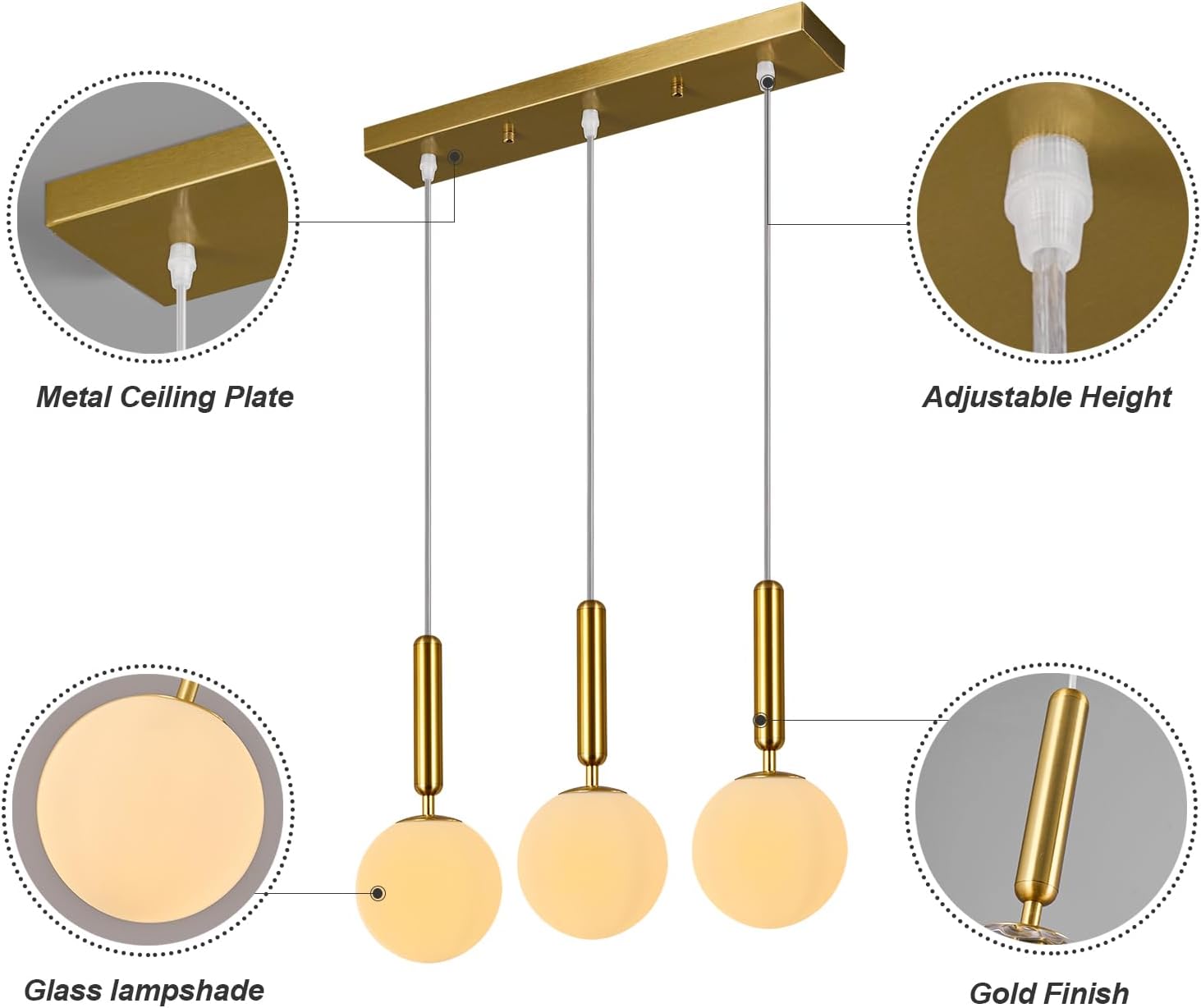 Modern Gold Pendant Light Hanging Fixture Light for Kitchen Island Mid Century with Globe Pendant Light Milk White Glass Pendant Lighting for Living Room Bedroom Entryway (3-Light)