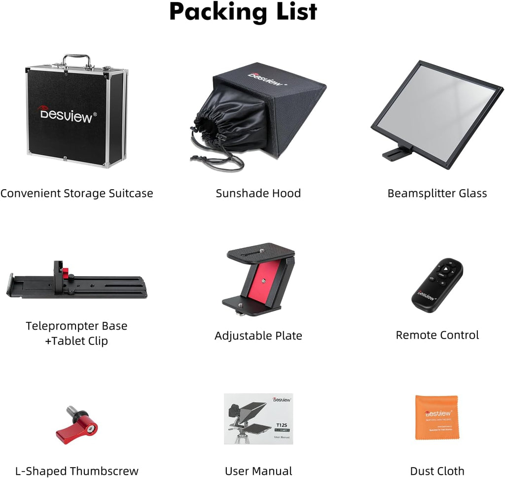 Desview T12S Teleprompter 12.9 inch Metal Teleprompter High Display Glass Compatible with Smartphone Tablet ipad Camera Easy Assembly Carry Case Included Great Partner for Video Making