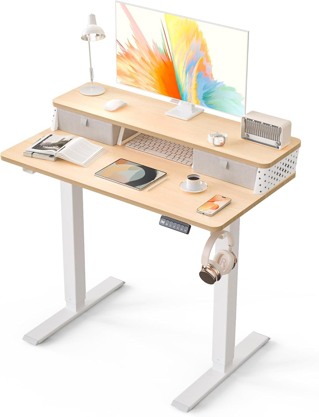 Kingant 35 x 20 Inch Small Electric Standing Desk with Dual Drawers, Height Adjustable Sit to Stand Computer Desk with Storage Shelf and C-Clamp Mount Compatibility for Home Office, Nature