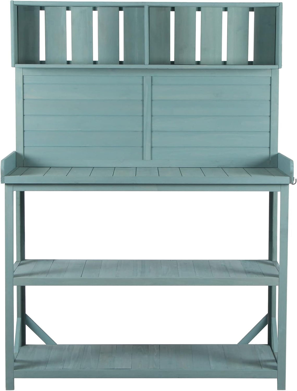 Farmhouse Potting Bench Table with Storage, Outdoor Gardening Tables with Storage Shelves and Side Hooks, Wood Potting Tables for Outside, Garden, Patio, Backyard, Easy Assembly, Green