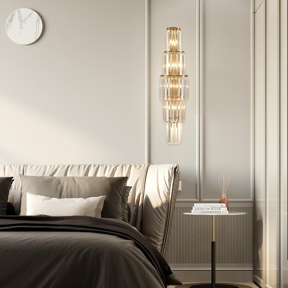 29.5 inch Modern Wall Sconce Contemporary Crystal Wall Sconce 5-Light Gold Bathroom Light Fixtures for Bedroom Hallway Living Room