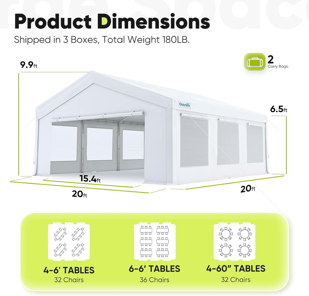 Quictent 20x20 Heavy Duty Party Tent with Roll-up Ventilated Mesh Windows&Cover, Outdoor Event Shelter for Parties Wedding Carports Canopy BBQ