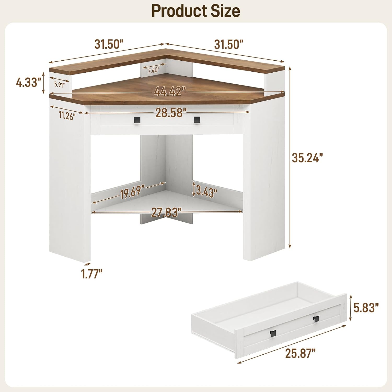 Corner Desk, Triangle Computer Desk Home Office Workstation with Drawer and Monitor Stand for Small Spaces Farmhouse Corner Vanity Table for Bedroom Study, Living Room (Rustic White and Brown)