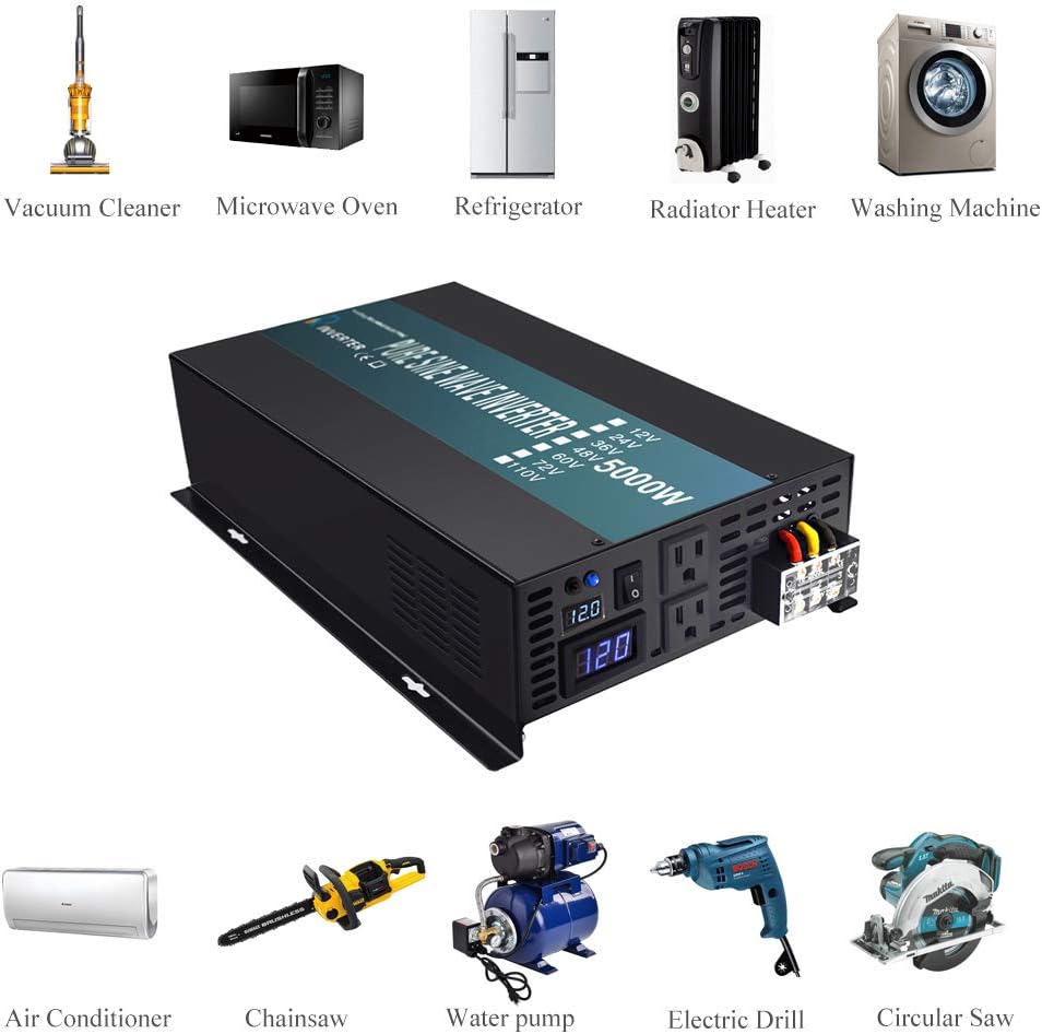 WZRELB RBP-500012S Pure Sine Wave 5000W (10000W Surge) 12V Power Inverter DC to AC Power - Solar, RV, Black