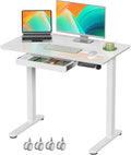 Gibbon Mounts Glass Standing Desk with Drawer, 35×20Inch Whole Piece Height Adjustable Rising Desk, Electric Sit Stand Desk with Wheels, Small Computer Desk, White