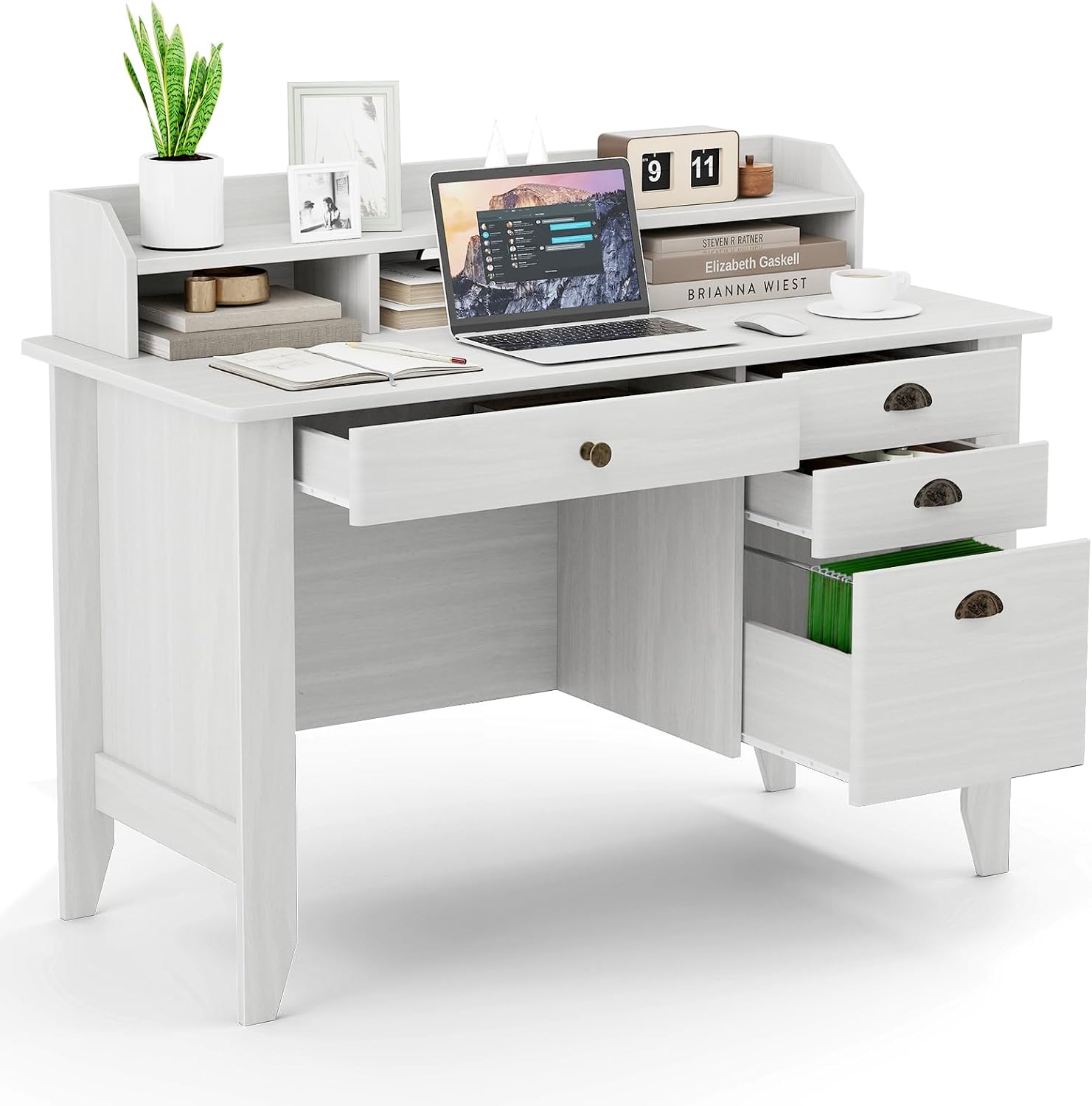 MAT EXPERT 48' Wide Computer Desk, Vintage Computer Desk with Hutch & Storage Drawer, Monitor Stand, Writing Workstation, Waterproof Laptop Table Gaming Desk for Study, Office, Bedroom (White)