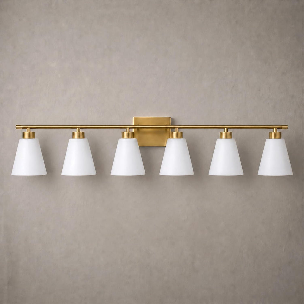 Hamilyeah 6 Light Bathroom Vanity Light Gold, 45 inch Gold Bathroom Vanity Lighting Fixtures Over Mirror with Milk Glass Shade, 6 Bulb Light Fixtures Over Mirror