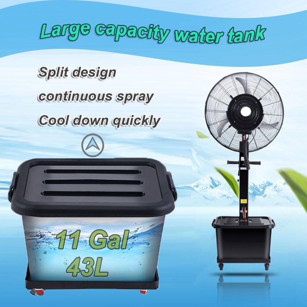 25.6in Outdoor Misting Pedestal Fan, Industrial Cooling Spray Fan, Portable 4 Wheels Adjustable Height, 3 Speeds,120° Oscillation, 11 Gal Bucket, powerful(25.6in)