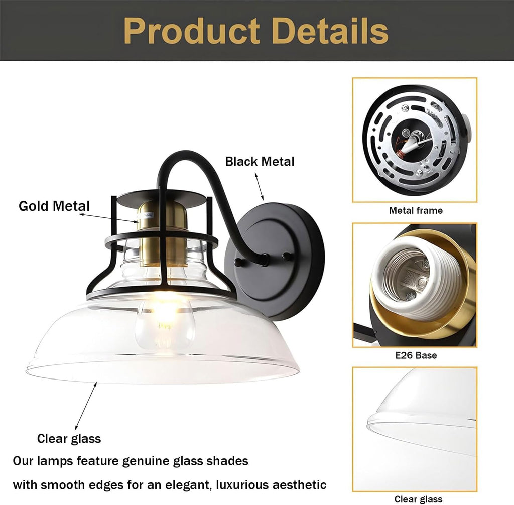 Farmhouse Wall Sconces,Gooseneck Barn Light,Gold and Black Wall Sconce,Vintage Wall Lamp with Clear Glass Shade,for Bathroom Porch Kitchen Living Room (1 Pack)