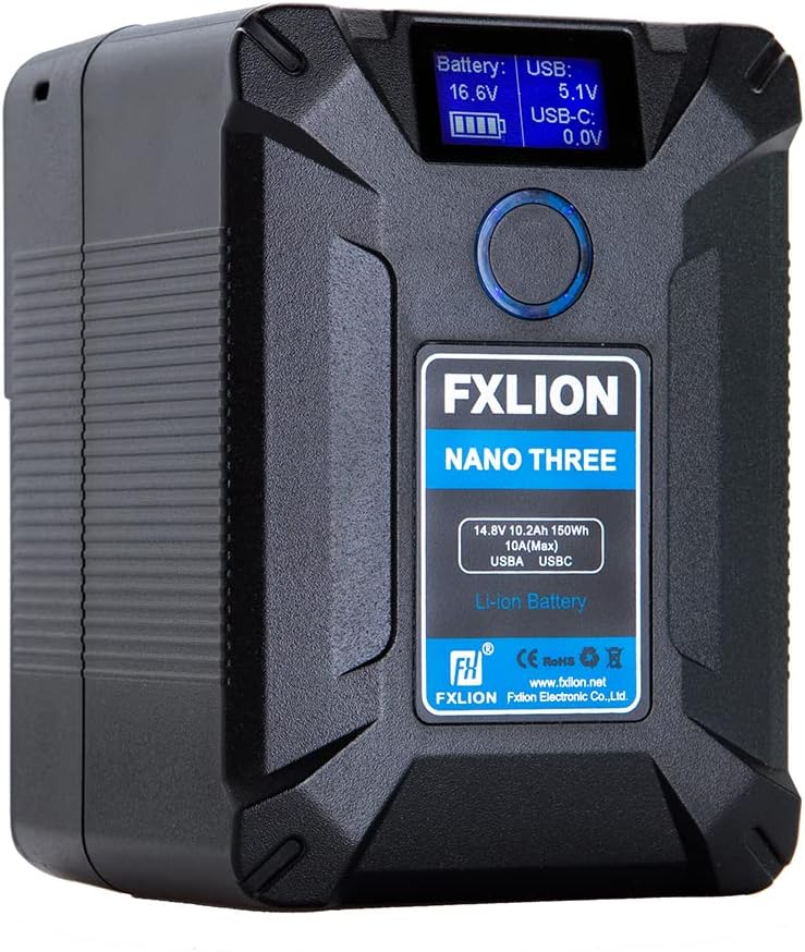 FXLION Nano Three V Mount Battery 10.2 Ah(150Wh/14.8V) with D-TAP,USB-C,USB-A,Micro-USB Ports,Portable Rechargeable V Lock Battery for Cameras/Camcorders/MacBook/LED Lights/Monitors/Smartphone