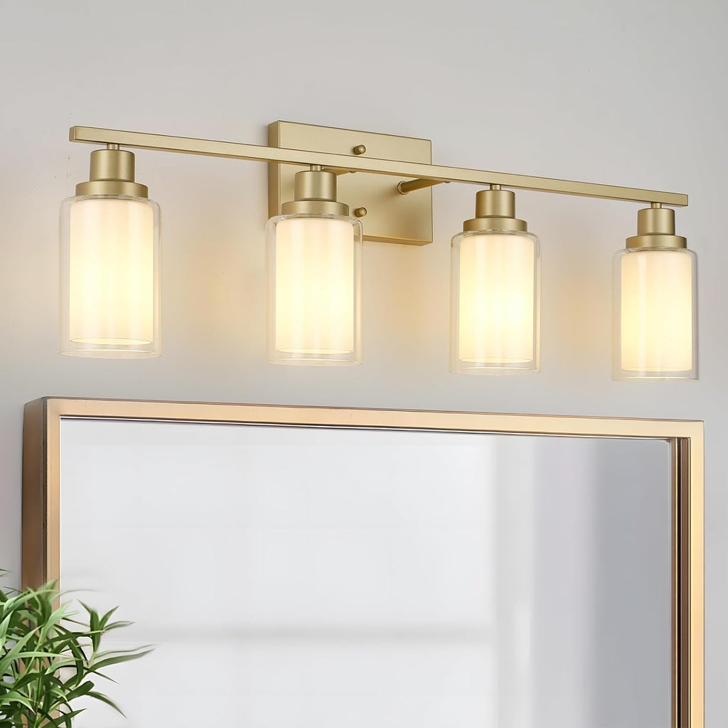 Jonsi Bathroom Vanity Light 4-Light Gold Vanity Lights 31' Bathroom Light Fixtures Over Mirror with Double Clear Glass Modern Wall Sconces for Living Room Hallway Bedroom