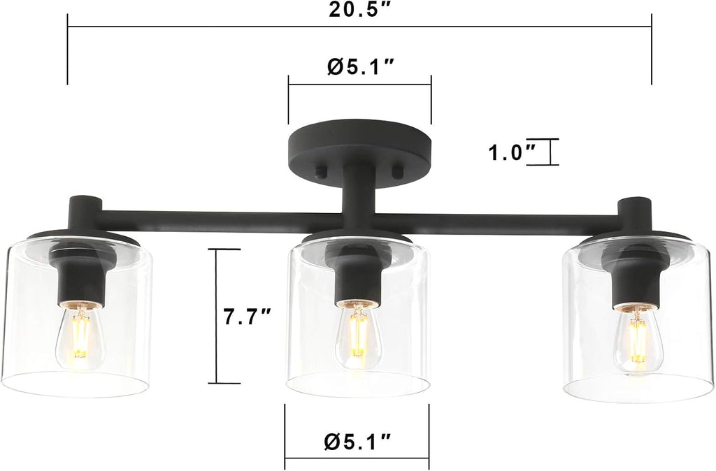 Pathson 3-Light Semi Flush Mount Ceiling Light, Industrial Pendant Lighting Fixture with Glass Shade, Ceiling Chandelier Lamp for Hallway Loft Kitchen Bar