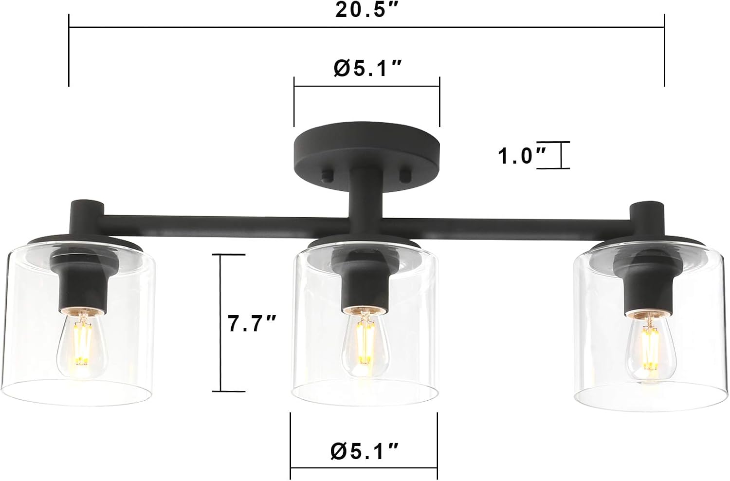 Pathson 3-Light Semi Flush Mount Ceiling Light, Industrial Pendant Lighting Fixture with Glass Shade, Ceiling Chandelier Lamp for Hallway Loft Kitchen Bar