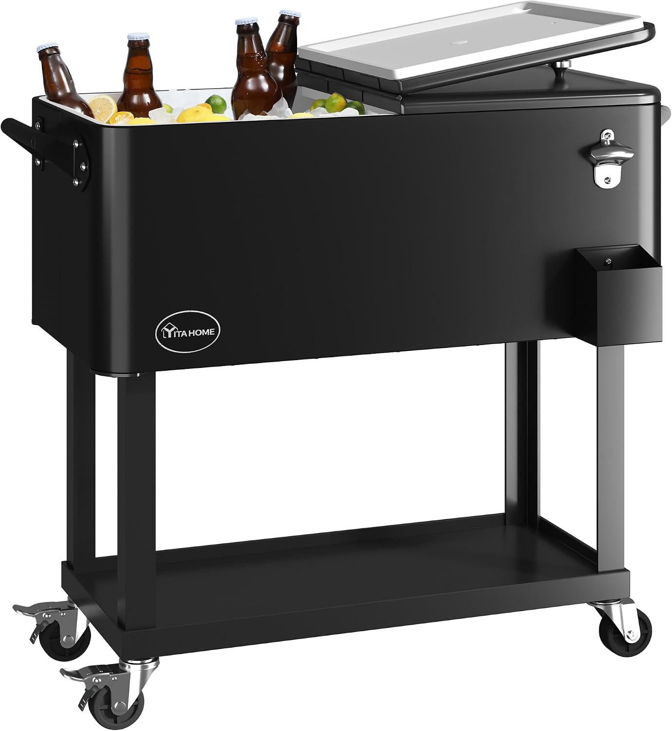 YITAHOME 80 Quart Rolling Cooler Cart with Bottle Opener Drainage, Portable Patio Cooler Rolling on Wheels, Outdoor Rolling Beverage Cart Drink Cooler for Patio Pool Deck Party BBQ Cookouts (Silver)