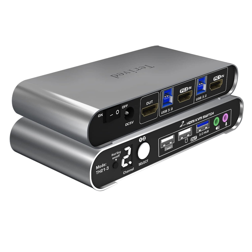 2 Port HDMI USB 3.0 KVM Switch with Aluminum Alloy Shell and Digital Display,Audio/Microphone, 4K@60Hz,hotkey,Auto EDID, HDR10 with Cables