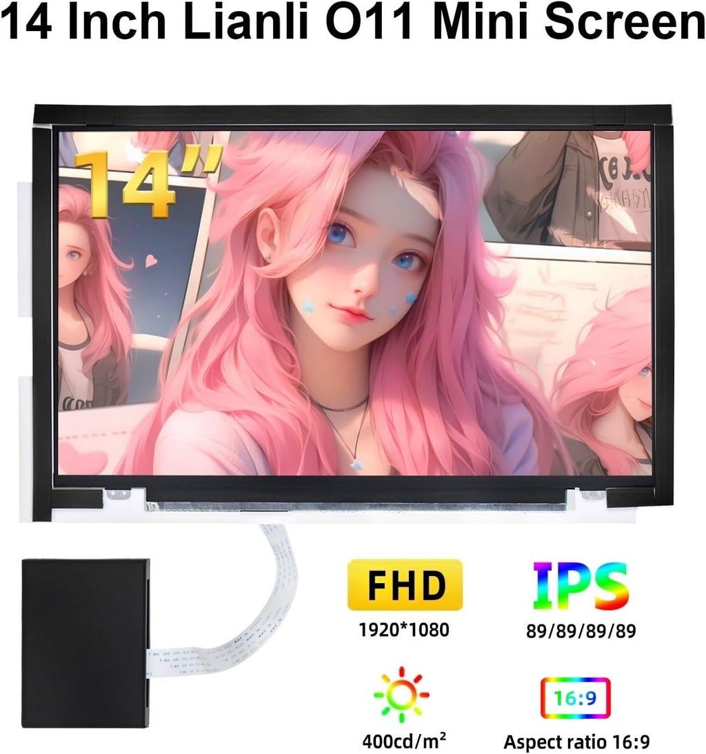 wisecoco 14 Inch LCD Screen for Lian Li O11 Mini PC Case FHD 1920x1080 Laptop Screen Replacement PC Secondary Display HDMI 72% NTSC(White)