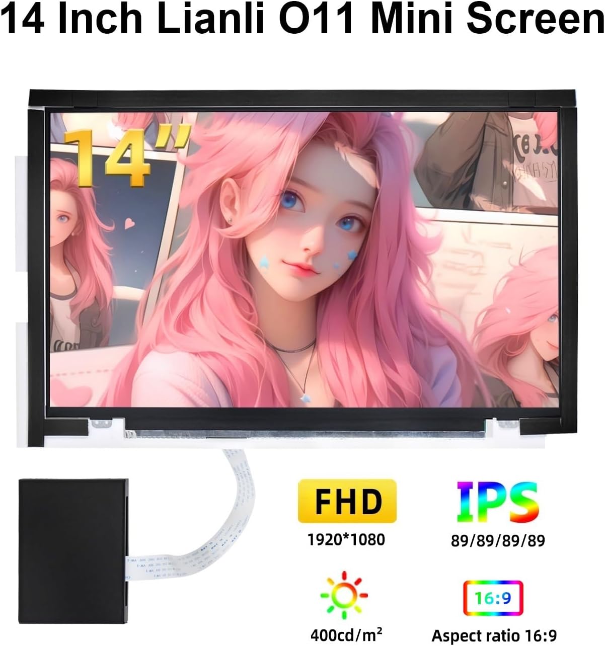 wisecoco 14 Inch LCD Screen for Lian Li O11 Mini PC Case FHD 1920x1080 Laptop Screen Replacement PC Secondary Display HDMI 72% NTSC(White)