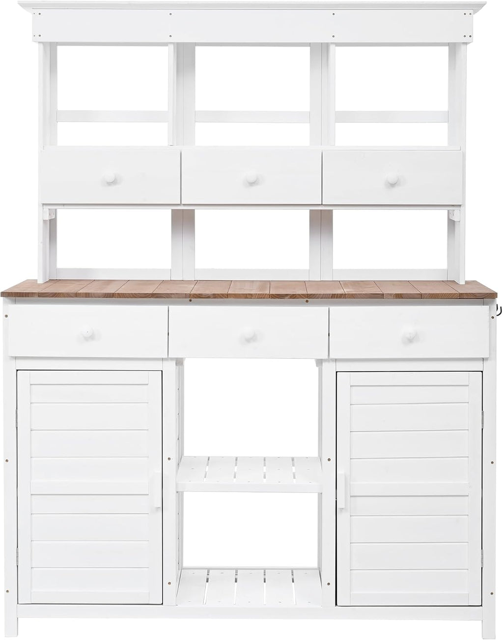 JIVOIT Outdoor Wood Workstation Table, 65.7'' H Tall Garden Potting Bench Table with Hutch, 3 Shelves, 6 Drawers, 2 Bottom Cabinets & Side Hooks, Patio Storage Workstation for Mudroom, Doorway