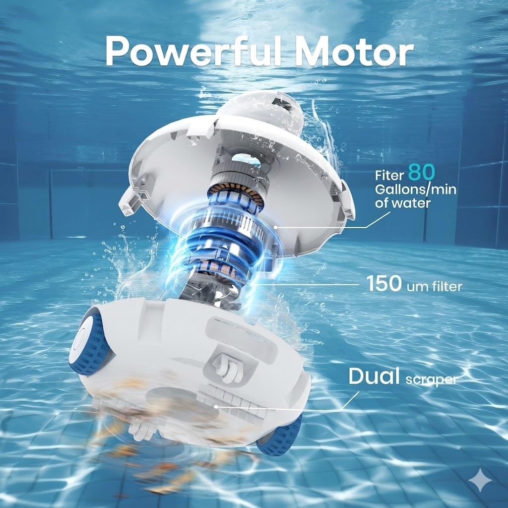 [2026 New] Cordless Robotic Pool Cleaner, Pool Vacuum with Dual-Layer Filtration, 120-Min Runtime, Auto-Parking, Lightweight Designed for Above-Ground & Inground Pool Flat Pool up to 860 Sq.ft