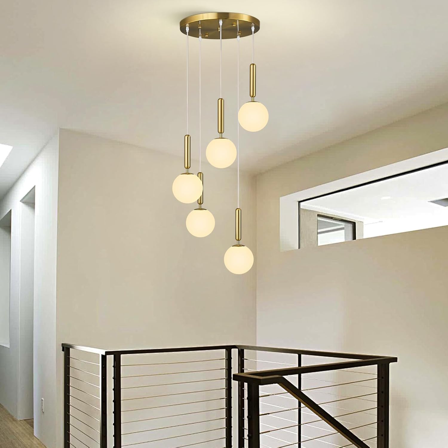 Modern Gold Pendant Light Hanging Fixture Light for Kitchen Island Mid Century with Globe Pendant Light Milk White Glass Pendant Lighting for Living Room Bedroom Entryway (5 Lights)
