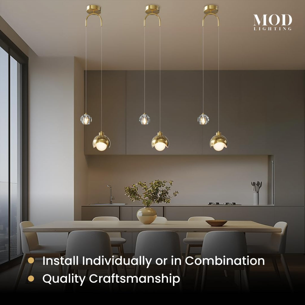MOD LIGHTING Diana | Modern Gold Pendant Light Fixtures, Hanging Lights for Kitchen Island, Bedroom Lighting for Tracking, Dimmable LED Bulbs, 1-Pack (Gold & Crystal | 79' | Warm White)