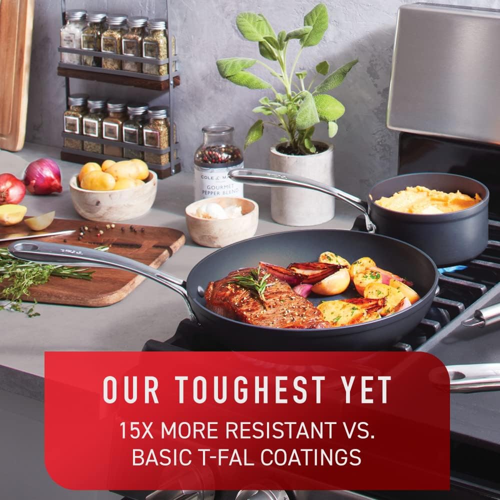 T-fal Platinum Hard Anodized Nonstick Cookware Set 12 Piece Oven Broiler Safe 500F, Lid Safe 350F Pots and Pans, Dishwasher Safe Black