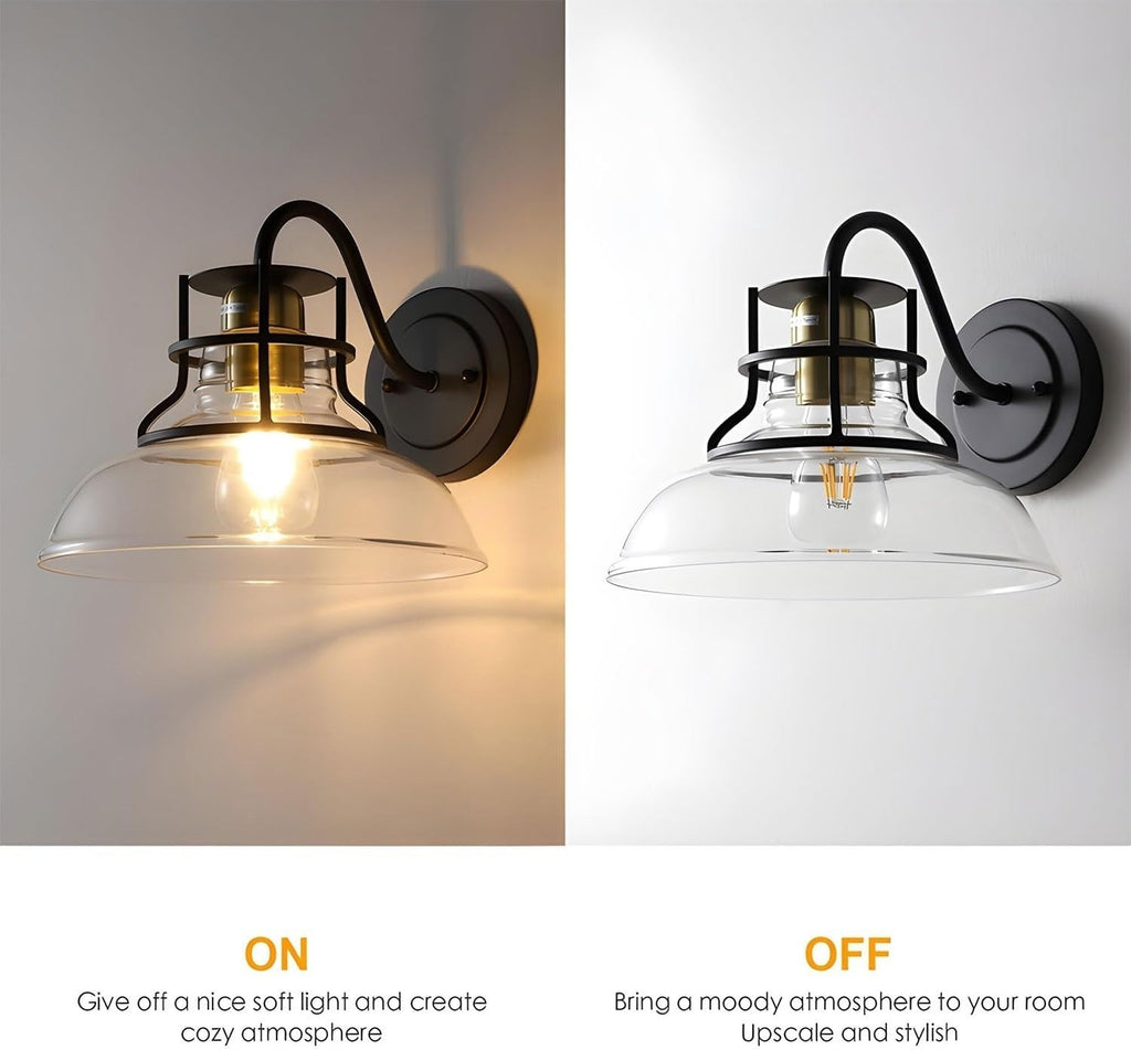 Farmhouse Wall Sconces,Gooseneck Barn Light,Gold and Black Wall Sconce,Vintage Wall Lamp with Clear Glass Shade,for Bathroom Porch Kitchen Living Room (1 Pack)