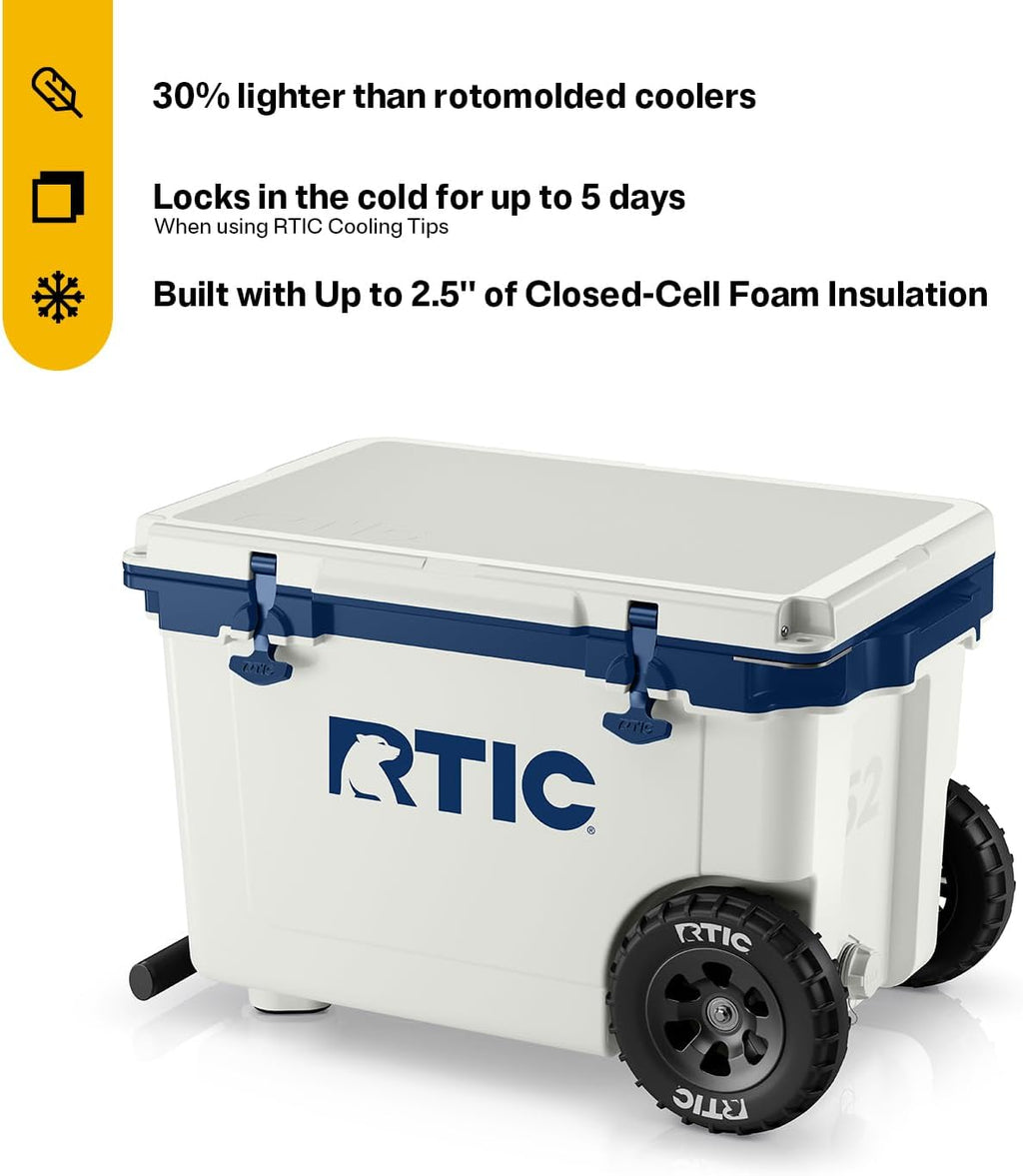 RTIC 52 Quart Ultra-Light Wheeled Hard Cooler Insulated Portable Ice Chest Box for Beach, Drink, Beverage, Camping, Picnic, Fishing, Boat, Barbecue, 30% Lighter Than Rotomolded Coolers
