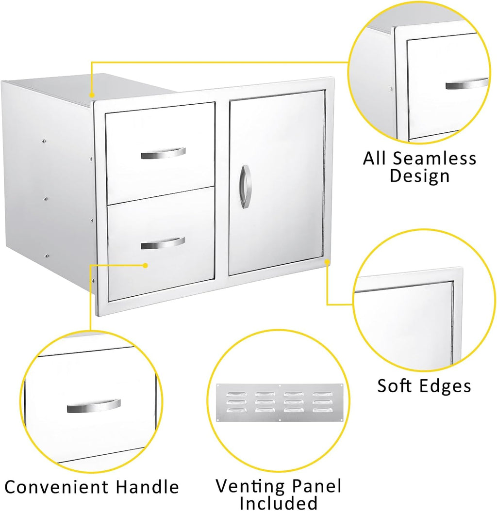 GarveeLife 33''W x 22''H x 22''D Outdoor Kitchen Drawer Combo with Paper Towel Rack, BBQ Access Door Drawers Combo with Stainless Steel, Perfect for BBQ Grill Station Outdoor Kitchen Storage Cabinet
