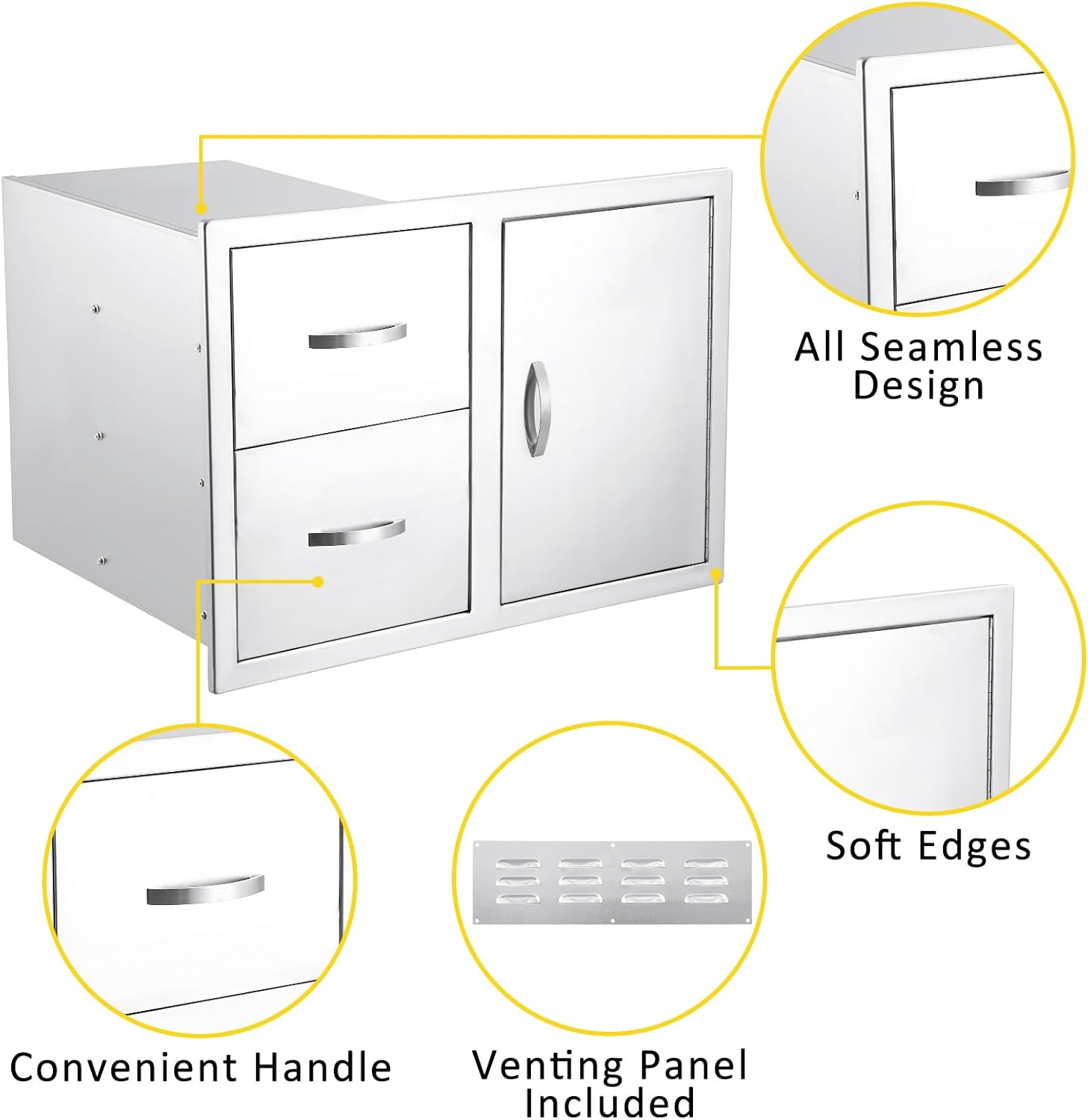 GarveeLife 33''W x 22''H x 22''D Outdoor Kitchen Drawer Combo with Paper Towel Rack, BBQ Access Door Drawers Combo with Stainless Steel, Perfect for BBQ Grill Station Outdoor Kitchen Storage Cabinet