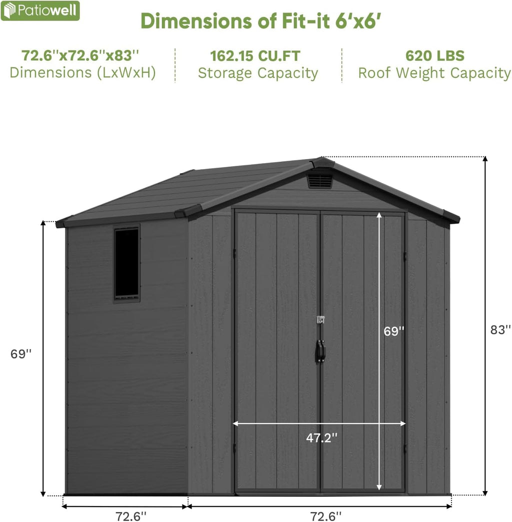 Patiowell 6X6 FT Plastic Outdoor Storage Shed with Floor, Resin Outside Tool Shed with Window and Lockable Door for Garden, Backyard, Tool Storage Usage, Easy to Install, Dark Grey