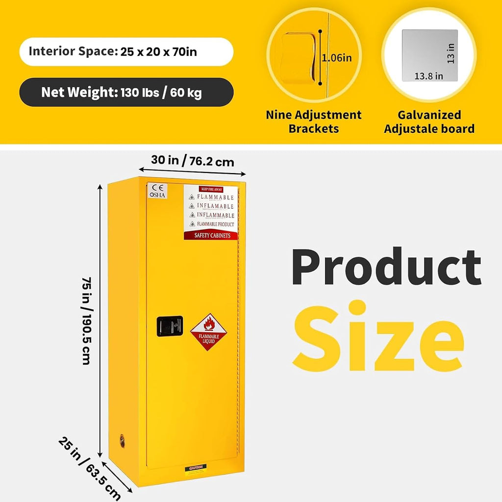 185 Gallon Flammable Storage Cabinet 75H x 25W x 30D, Yellow Galvanized Steel Safety Cabinet, Adjustable Shelf Fireproof Cabinet with 3-Point Key Lock, for Commercial Industrial and Home Use