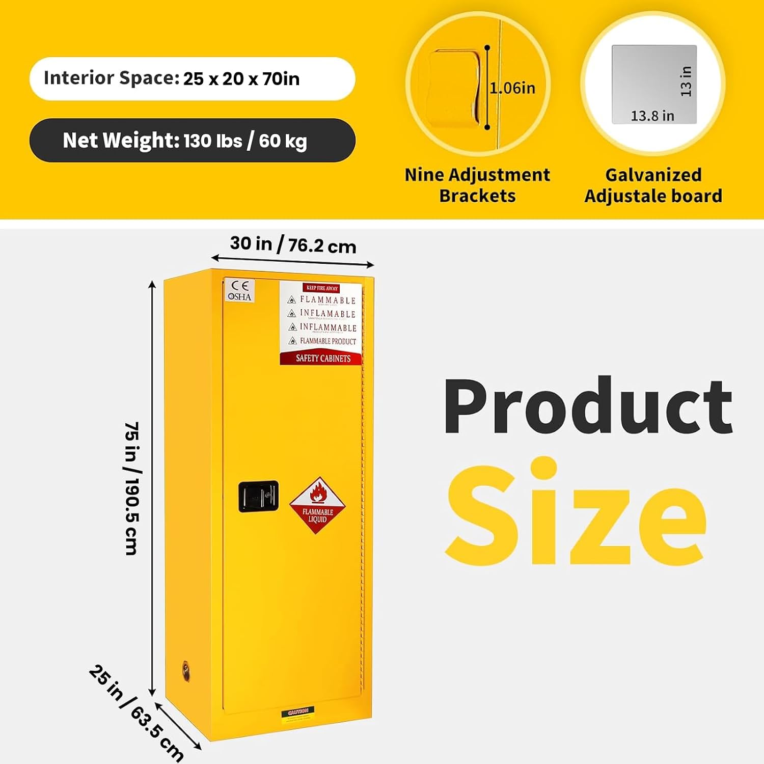 185 Gallon Flammable Storage Cabinet 75H x 25W x 30D, Yellow Galvanized Steel Safety Cabinet, Adjustable Shelf Fireproof Cabinet with 3-Point Key Lock, for Commercial Industrial and Home Use