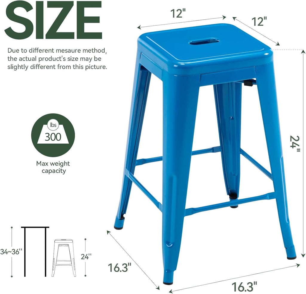 Vogue Furniture Direct 24 Inch Metal Bar Stools, Backless Counter Height Barstools, Indoor Outdoor Stackable Stools with Square Seat, Set of 4 (Blue)